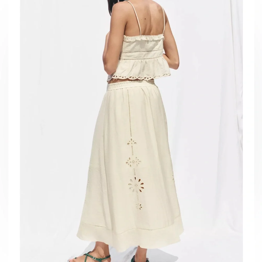 ZARA EMBROIDERED EYELET MIDI SKIRT - Picture 7 of 12